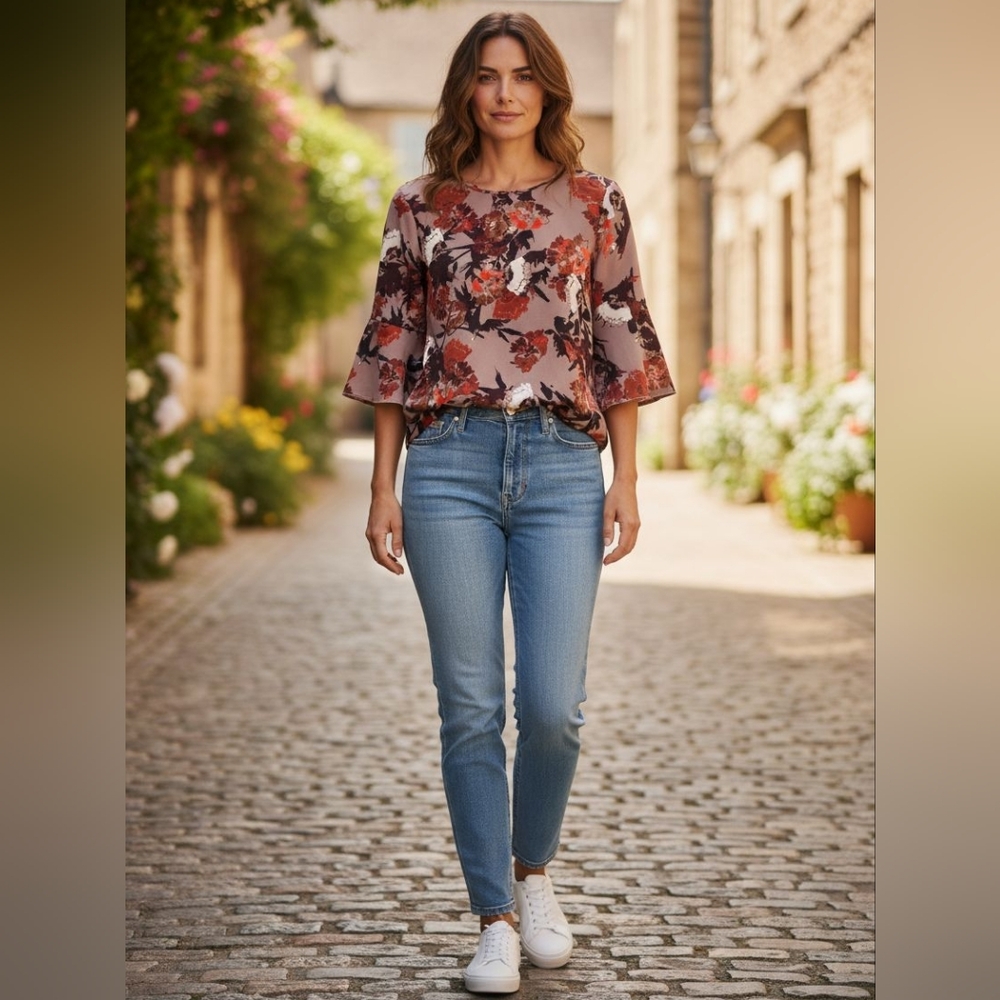 😻 3/$30  Aritzia Wilfred Cropped Floral 3/4 Length Blouse In Size Small